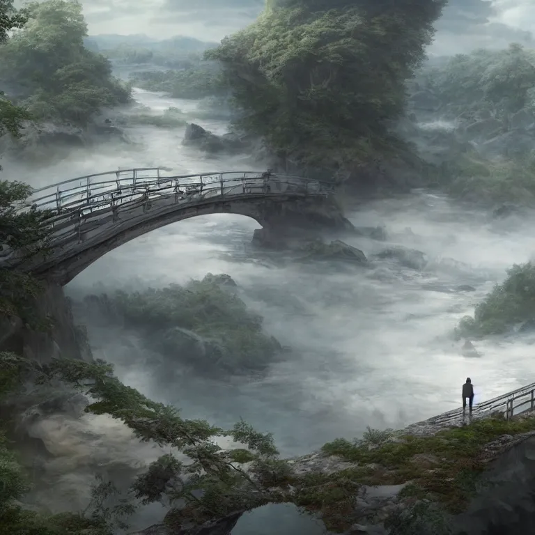 Image similar to a person standing on a bridge over a river, a detailed matte painting by kano naizen, cgsociety, fantasy art, matte painting, terragen, made of mist