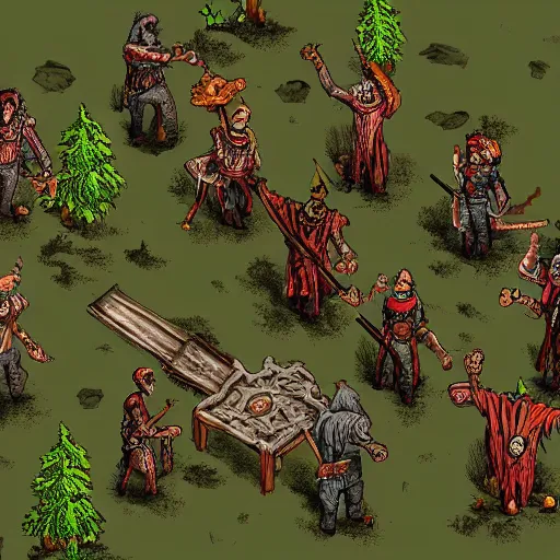 Image similar to Evil mage is standing on top of his tower, raising hands up high and leading his horde of zombies to outer lands. Isometric, high angle, big scale battle map. Highly detailed digital art, unreal engine.