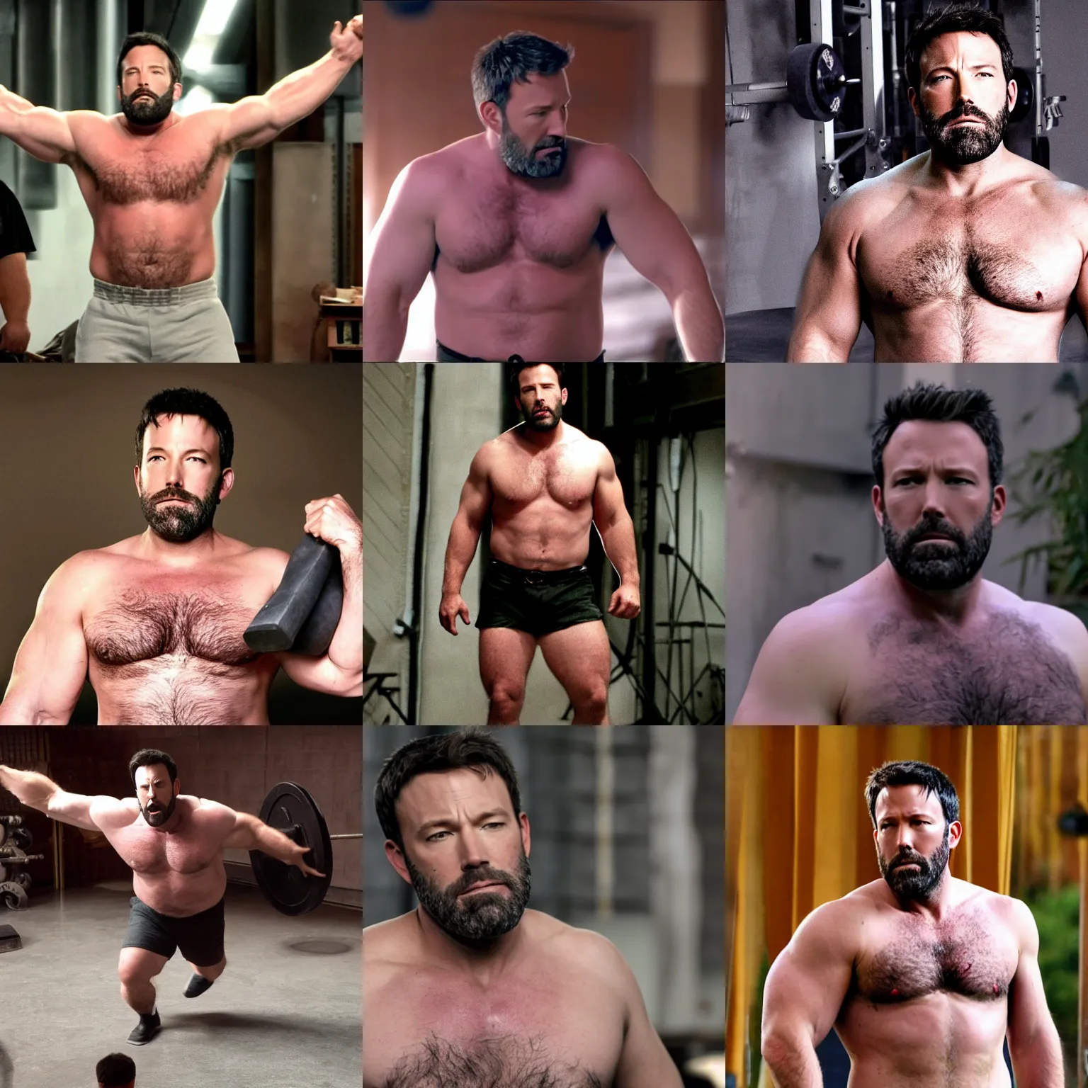 Prompt: ben affleck as a big burly padded strongman, 4 k hd