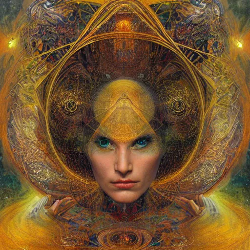 Image similar to a beautiful visionary portrait of Divine Chaos Engine by Karol Bak, Jean Deville, Gustav Klimt, and Vincent Van Gogh, sacred geometry, mystic, otherworldly, fractal structures, ornate gilded medieval icon, third eye, spirals