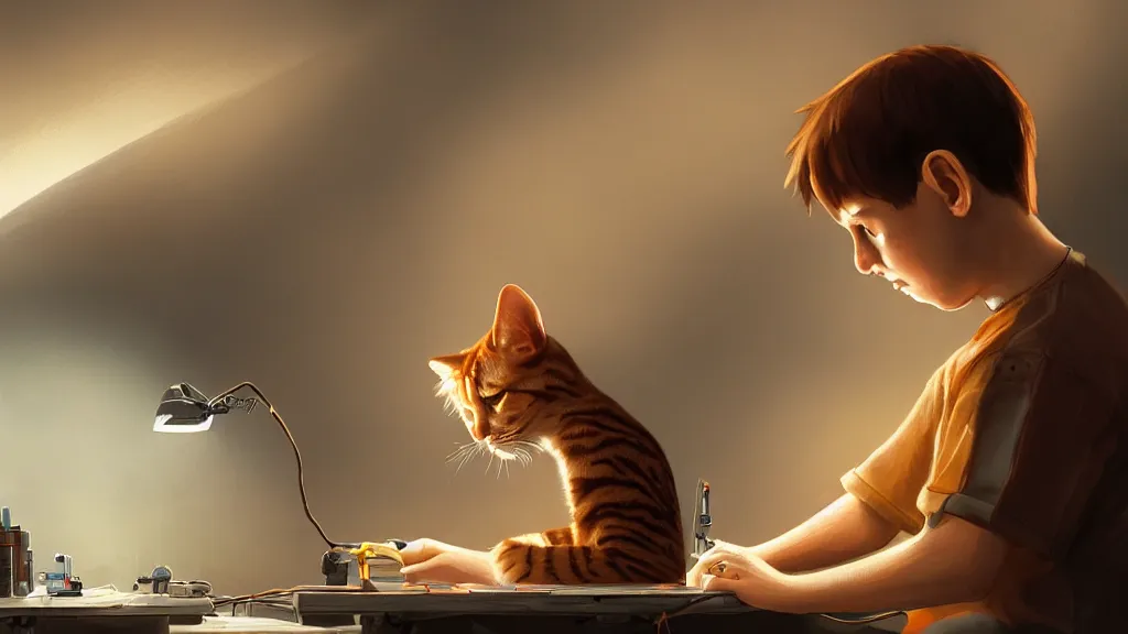 Image similar to a boy with brown hair seated with his back to us and is soldering on a desk with electronic parts with an orange tabby cat on the desk watching him, coherent, cinematic lighting, highly detailed, digital painting, artstation, concept art, sharp focus, illustration