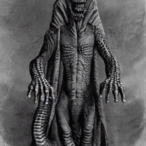 Prompt: A vintage photograph of a creepy and scary sinister looking reptilian man, draconian, scaly, evil, macabre W- 768