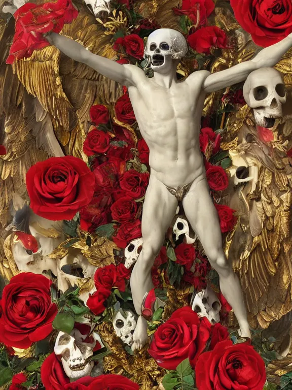 Prompt: many birds on background and icarus with liquid red wings in the form of a Greek sculpture with a mask in the form of a bird skull and wreath of flowers, roses in hands, dressed in a flower dress, stands in the pose of a super hero on a golden stone, silk, fabric, birds, flowers. red plastic. baroque elements, human skull. full-length view. intricate artwork by caravaggio. Trending on artstation. halo. octane render, cinematic, hyper realism, octane render, 8k, depth of field, bokeh. iridescent accents. vibrant. teal and gold and red colour scheme