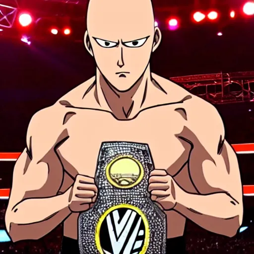 Image similar to Saitama lifting the WWE championship belt