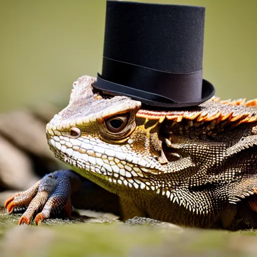 Prompt: dslr portrait still of a bearded dragon wearing a top hat and neck tie 8 k 8 5 mm f 1. 4