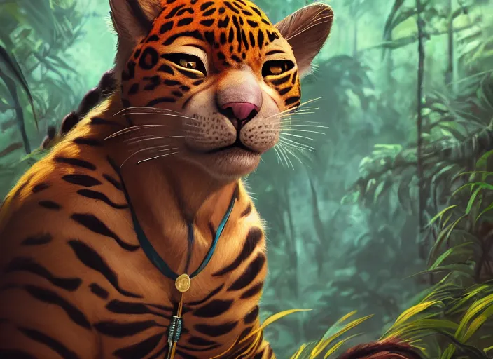 Prompt: character portrait feature of the anthro male anthropomorphic jungle cat jaguar fursona animal person wearing shaman outfit robes belt in the amazon rainforest, character design stylized by charlie bowater, ross tran, artgerm, makoto shinkai, detailed, soft lighting, rendered in octane