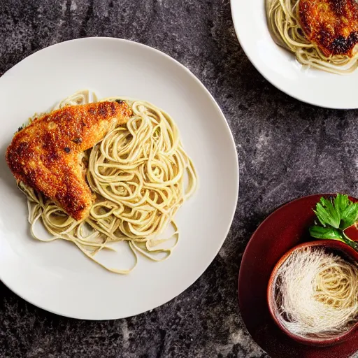 Image similar to photograph of Chicken Piccata with angel hair noodles from Cheesecake Factory, plate on bed in hotel room