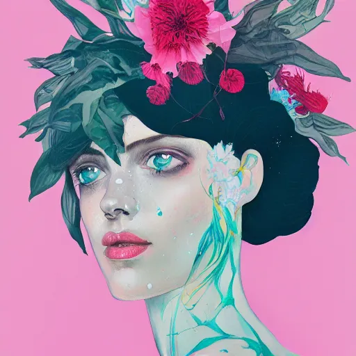 Image similar to surreal gouache paintingby conrad roset, female head with flowers growing out, portrait, cgsociety, artstation, rococo dreamycostume and grand headpiece,