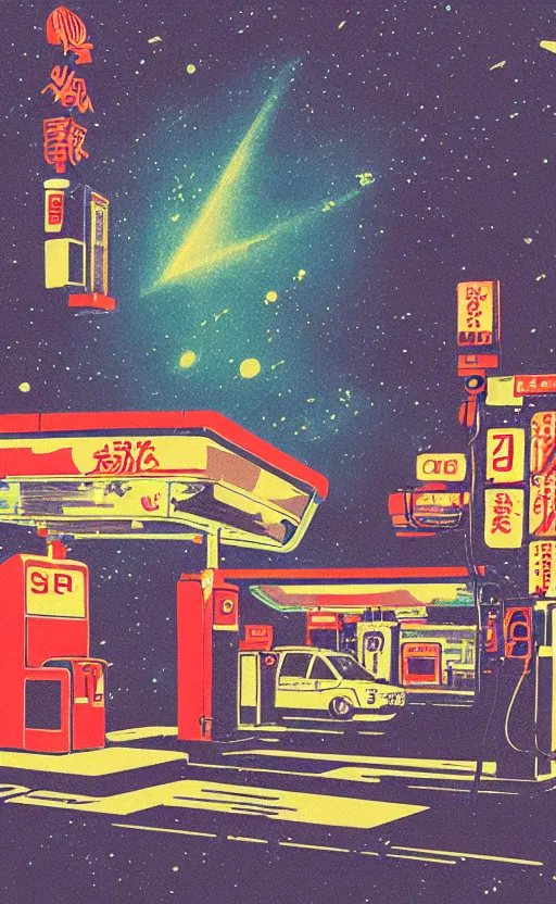 Image similar to gas station in space, sharp focus, vintage, satoshi kon, sci - fi, print, risograph, cinematic, game art