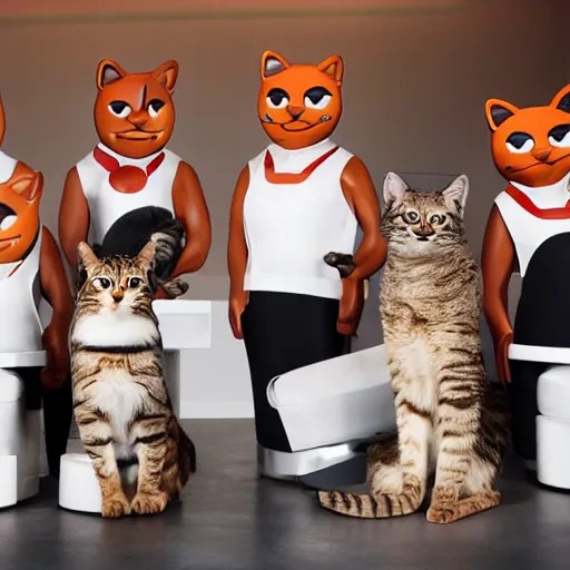 Image similar to anthropomorphic cats competing at masterchef TV show, studio shot