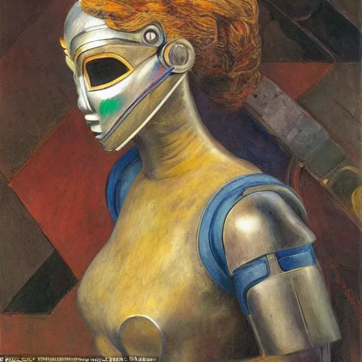 Image similar to the last guest in her robot mask, by Annie Swynnerton and Diego Rivera, symbolist, dramatic lighting, elaborate geometric ornament, god rays, soft colors,smooth, sharp focus, extremely detailed