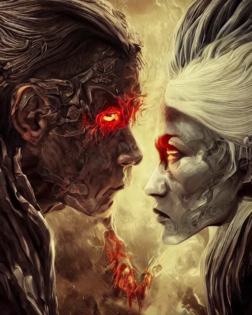 Image similar to epic art poster angel vs demon split face. close up extremely detailed trending on artstation award - winning art