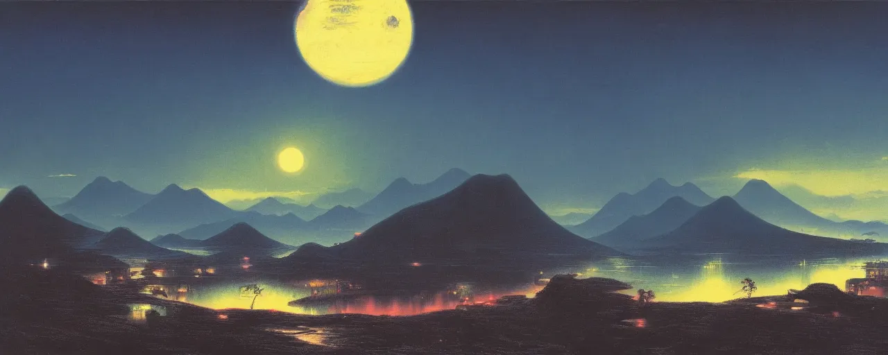 Image similar to awe inspiring bruce pennington landscape, digital art painting of 1 9 6 0 s, japan at night, 4 k, matte, warm, old, air perspective