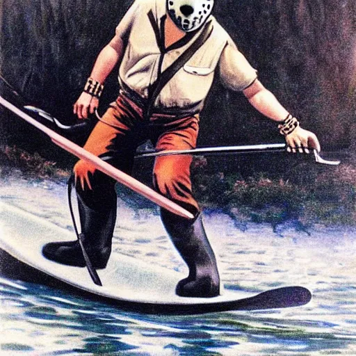 Prompt: jason voorhees water skiing on a lake, beautiful oil paining 1 9 6 5
