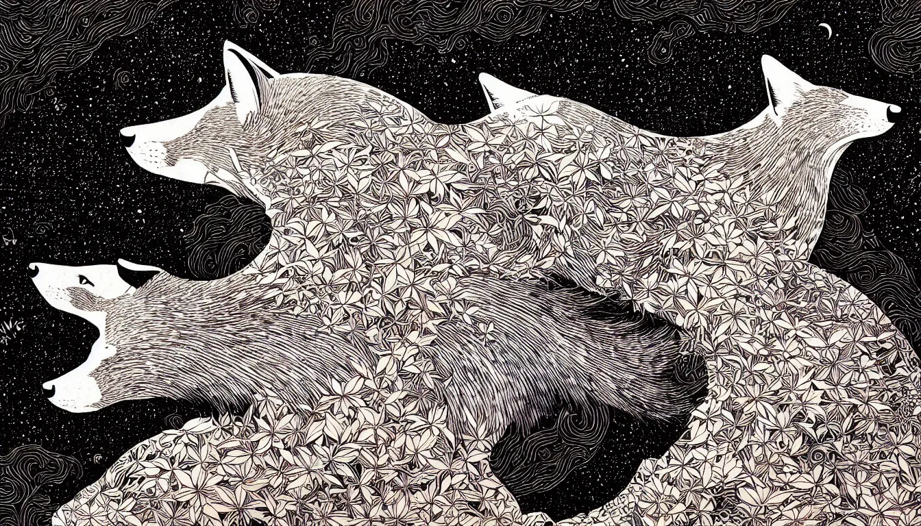 Image similar to fox by woodblock print, nicolas delort, moebius, victo ngai, josan gonzalez, kilian eng