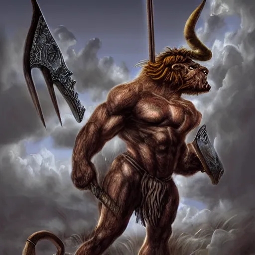 Image similar to Giant minotaur beast warrior with two handed axe, impressive horns, long mane, full body, muscular, dungeons and dragons, hyperrealism, high details, digital painting