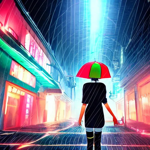 Image similar to anime girl intimidating look sharp blade looking into camera rain glowing city neon night, ghibli style