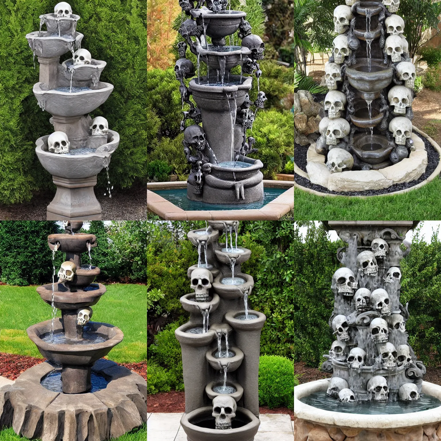 Prompt: a tall decorative fountain with water made out of skulls, realistic, highly detailed,