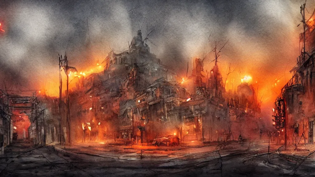 Prompt: a watercolor painting of an abandoned city in hell, scary, foggy, fantasy, smoke, fire, circular, digital art,