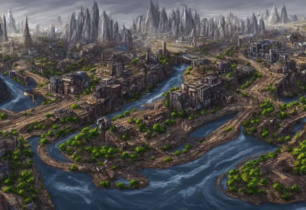 Image similar to wide shot, establishing shot of a modern day dungeons and dragons city with a river, trending on artstation, digital art, 4 k, 8 k