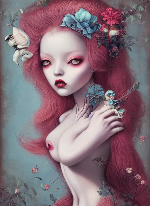 Image similar to pop surrealism, lowbrow art, realistic cute seductive female painting, japanese artist kaname ozuma, hyper realism, muted colours, rococo, dorian clevenger, natalie shau tom bagshaw, mark ryden, trevor brown style,