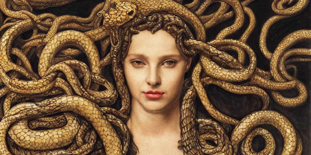 Image similar to realistic portrait of medusa with her snakes, golden, delicate, hyper realism, 1 4 5 0, ink, ultra realistic, 8 k