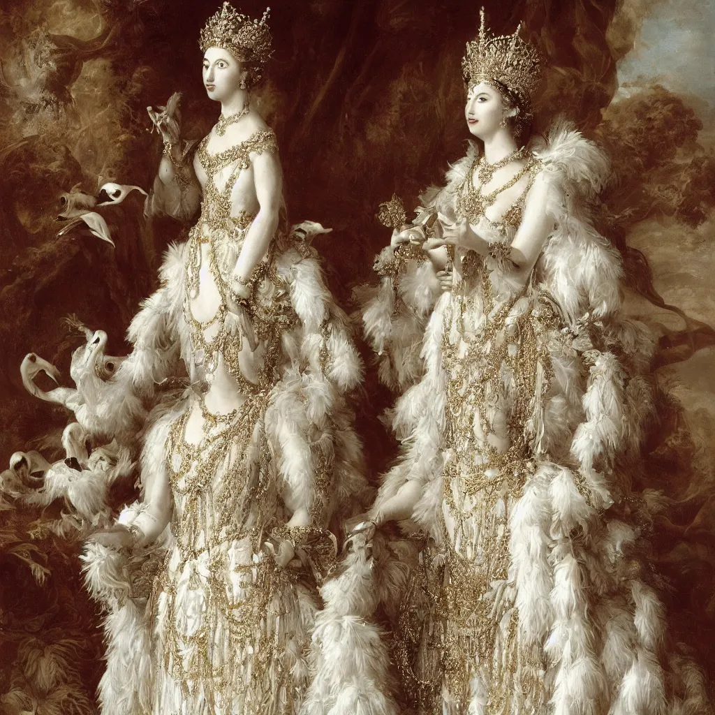 Image similar to queen _ with _ a _ decorated _ dress _ made _ of _ white _ pearls _ and _ white _ plumes _ of _ swan _ highly _ detailed _ digital _ painting