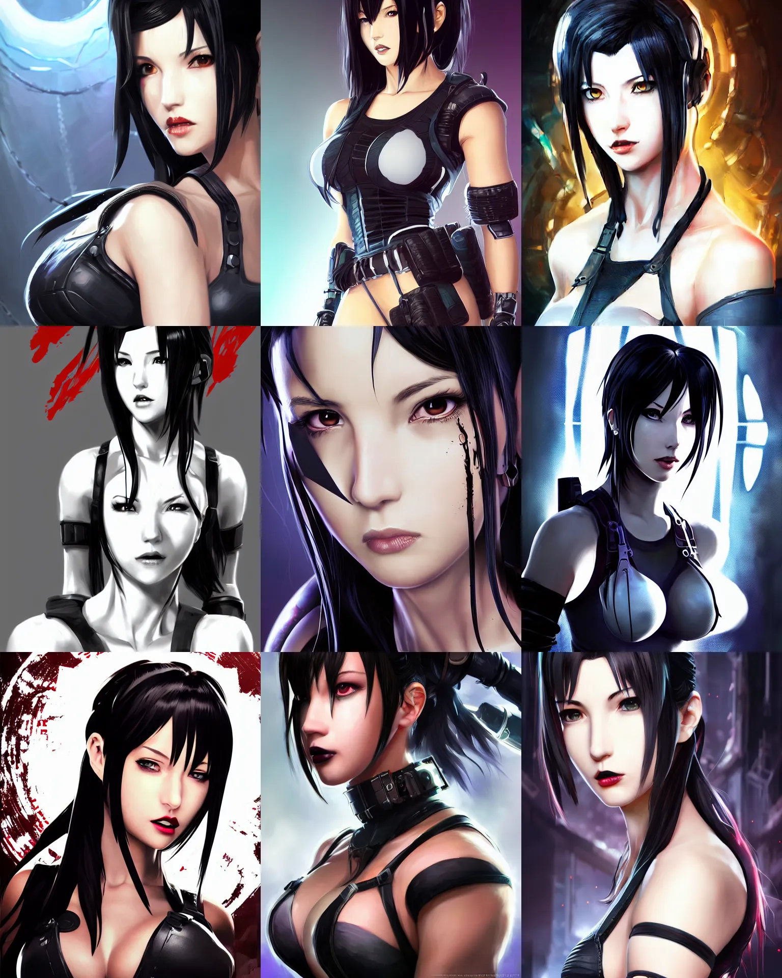 Prompt: a digital illustration Biopunk portrait of a gorgeous Tifa Lockhart with shadowy eyes, with black glossy lips, anime, award-winning, 8k, in the style of Ross Tran and Artgerm