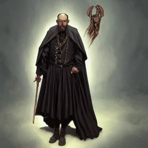 Image similar to “ a priest who looks similar to don quixote, dark clothes, man in black, southwestern apparel, d & d, fantasy, intricate, cinematic lighting, highly detailed, digital painting, artstation, concept art, smooth, sharp focus, illustration, art by artgerm and greg rutkowski and alphonse mucha ”