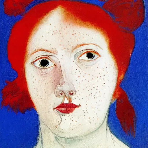 Prompt: Woman portrait red hair blue eyes freckles style of Francis Bacon and a woman in the style of Ingres