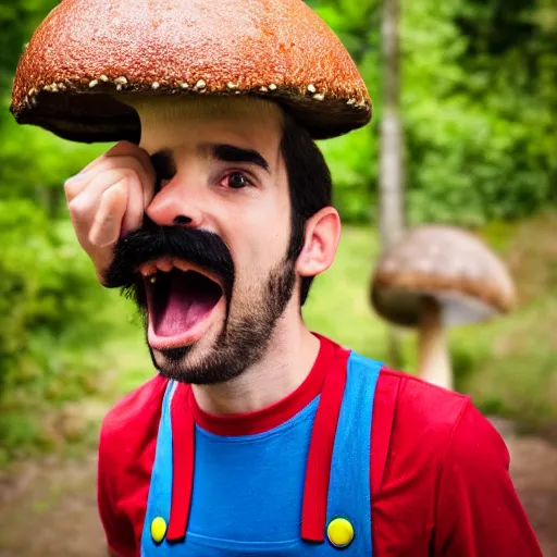 Image similar to photo of real life mario finding a giant mushroom, exhilarated, portrait, closeup. mouth open, 30mm, bokeh