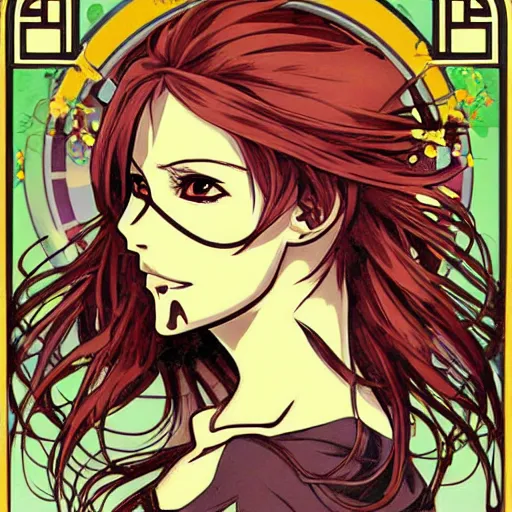 Image similar to anime manga skull portrait girl female cyborg skeleton profile illustration style by Alphonse Mucha pop art nouveau