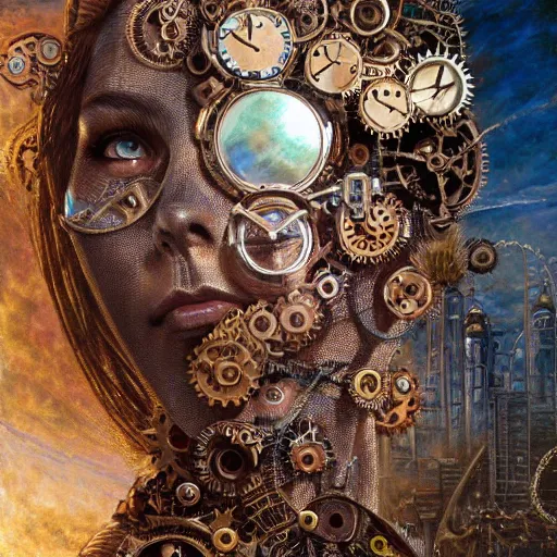 Image similar to A steampunk beautiful goddess, she half human and half android, she is embellished with gears wheels and gemstones, by William Holman Hunt, Greg Rutkowski, Stanely Artgerm, Tooth Wu, Peter Gric, Aaron Horkey, trending on Artstation, digital art, mythological, symmetrical artwork, cinematic lighting, hyper realism, high detail, octane render, ultra realistic, golden ratio, 4k, 8k