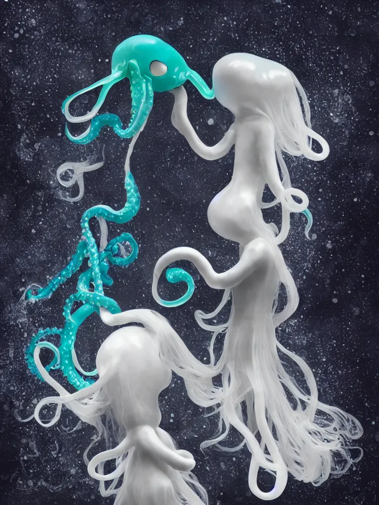 Prompt: cute fumo plush gothic translucent octopus maiden alien girl combing her hair in the waves of the wavering dark galactic abyss, ocean wave thunderstorm and reflective splashing water, black and white, ocean simulation, vignette, vray