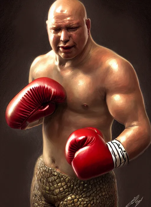 Prompt: portrait of aggressive humanoid crocodile wearing boxing gloves, d & d, muscular! fat! fantasy, intricate, elegant, highly detailed, digital painting, artstation, concept art, smooth, sharp focus, illustration, art by artgerm and greg rutkowski and alphonse mucha