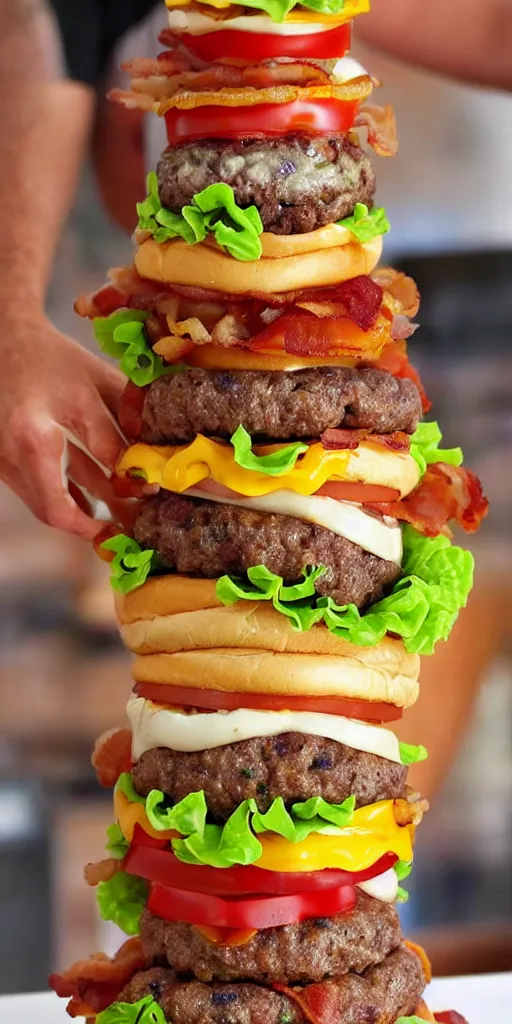 Prompt: a cheeseburger tower made of gigantic stacks of meat patties, bacon, onion rings, tomatoes, lettuce and cheese slices with a bun on each side, delicious looking burger - stack - tower