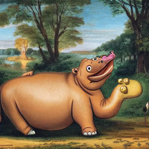 Prompt: a happy and jovial creature with the body of a hippo and the head of a ostrich, fairytale correct, daytime