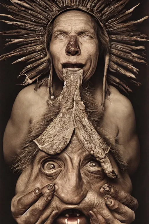 Prompt: heitsi eibib the ancient shaman mage sits inside gaping open mouth jaw maw of enormous tribal toad, highly detailed fantasy portrait, by erwin olaf and anton corbijn, smooth, matte, mysticism