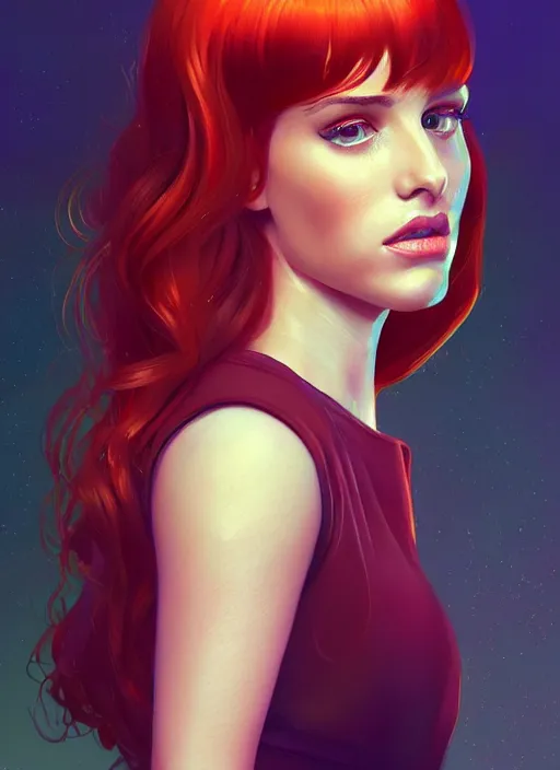 Image similar to full body portrait of teenage cheryl blossom, bangs, green eyes, mischievous expression, red hair, sultry smirk, bangs and wavy hair, intricate, elegant, glowing lights, highly detailed, digital painting, artstation, concept art, smooth, sharp focus, illustration, art by wlop, mars ravelo and greg rutkowski