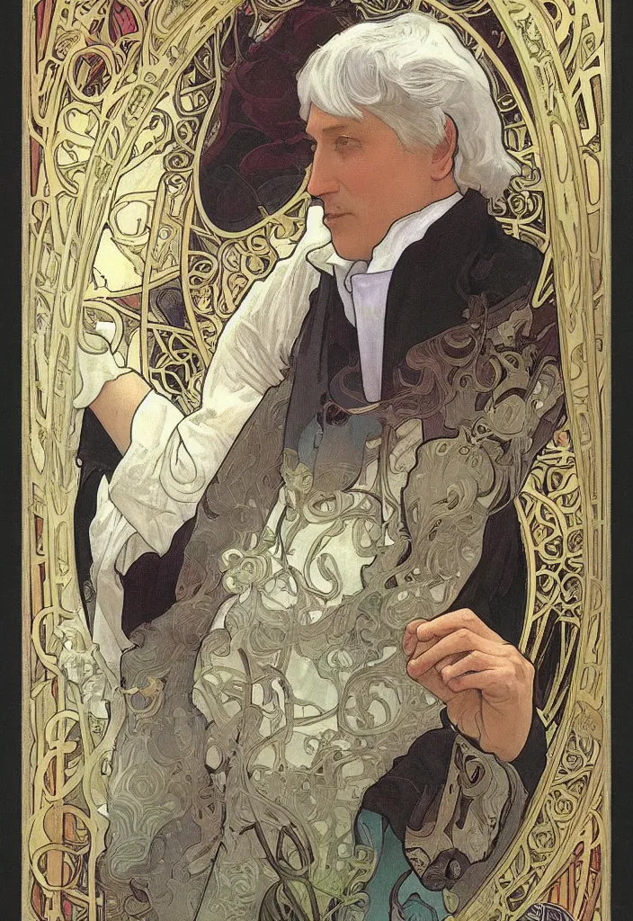 Image similar to realistic white - haired geoffrey hinton on a tarot card, tarot in art style by alphonse mucha