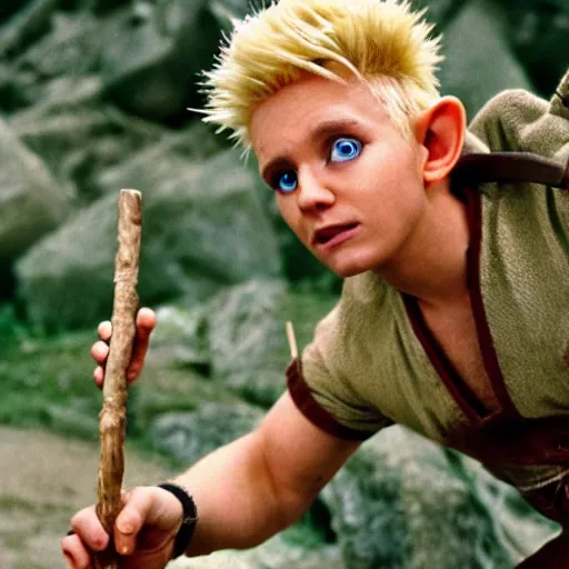 Prompt: a fantasy elf with spiky blonde hair wearing tan overalls and holding a stick of dynamite, high resolution film still, movie by Peter jackson