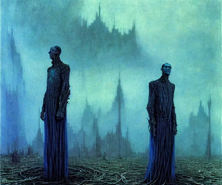 Prompt: tall man consisting of blue translucent shiny material and sparse metallic stripes, standing in ruins in the evening. extremely high details, realistic, fantasy art, solo, masterpiece, art by zdzislaw beksinski, arthur rackham, dariusz zawadzki