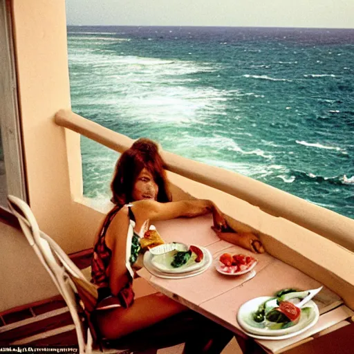Image similar to Eating a pizza on the balcony watching the Caribbean Sea, photo made by Slim Aarons, award winning,