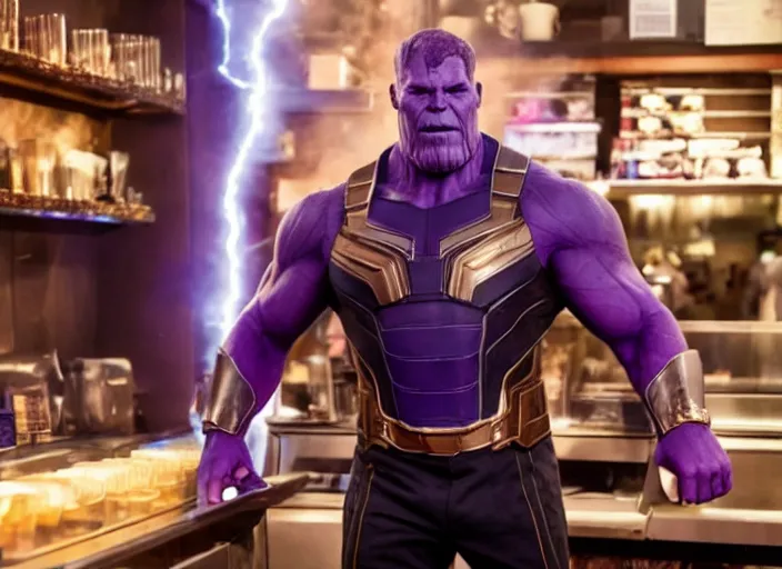 Prompt: film still of Thanos as a barista in Avengers Infinity War, 4k