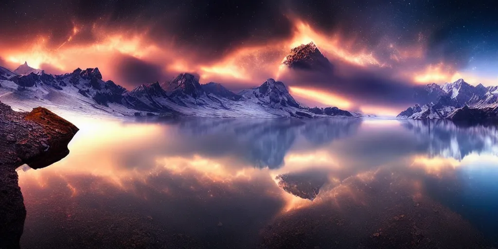 Prompt: amazing landscape photo of astronaut!!! with lake at sunise by Marc Adamus beautiful dramatic lighting, surrealism