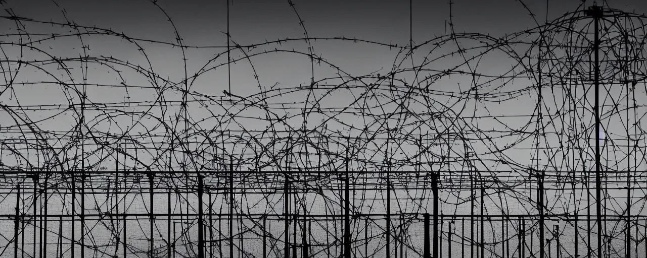 Prompt: military industrial complex, night, spotlights, watchtower, hangers, fences, barbed wire