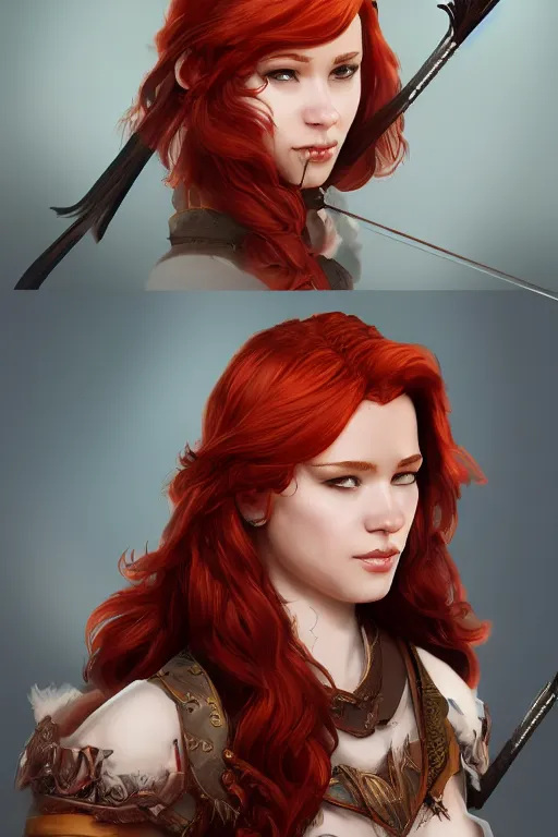 Prompt: Full picture of Redhead archer, high fantasy, ornamental bow, trending on artstation, arstationhd, HD