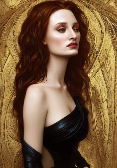 Image similar to sansa angeline jolie gessica chastain in black, intricate, elegant, highly detailed, digital painting, artstation, concept art, smooth, sharp focus, illustration, art by artgerm and greg rutkowski and alphonse mucha and william - adolphe bouguereau