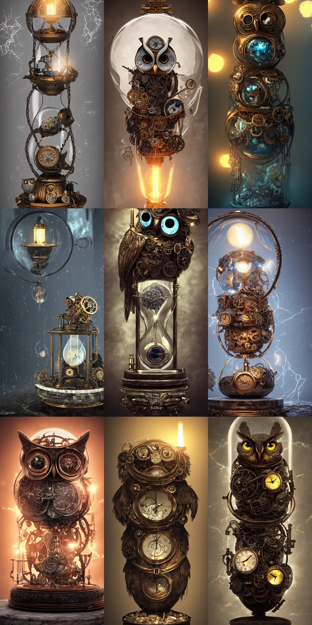 Prompt: steampunk owl inside a marble, hourglass, lightning, intricate detail, volumetric lighting, epic composition, hyper detailed, ultra realistic, sharp focus, octane render, candle, volumetric, ray tracing, artstation trending, cgsociety, sense of awe, swirling mist, 4 k