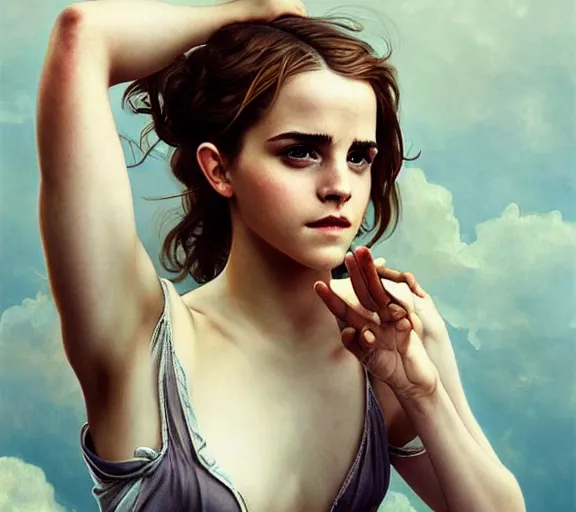 Image similar to photography emma watson with hands - up and hairy armpits, deep focus, intricate, elegant, highly detailed, digital painting, artstation, concept art, matte, sharp focus, illustration, art by artgerm and greg rutkowski and alphonse mucha and gil elvgren